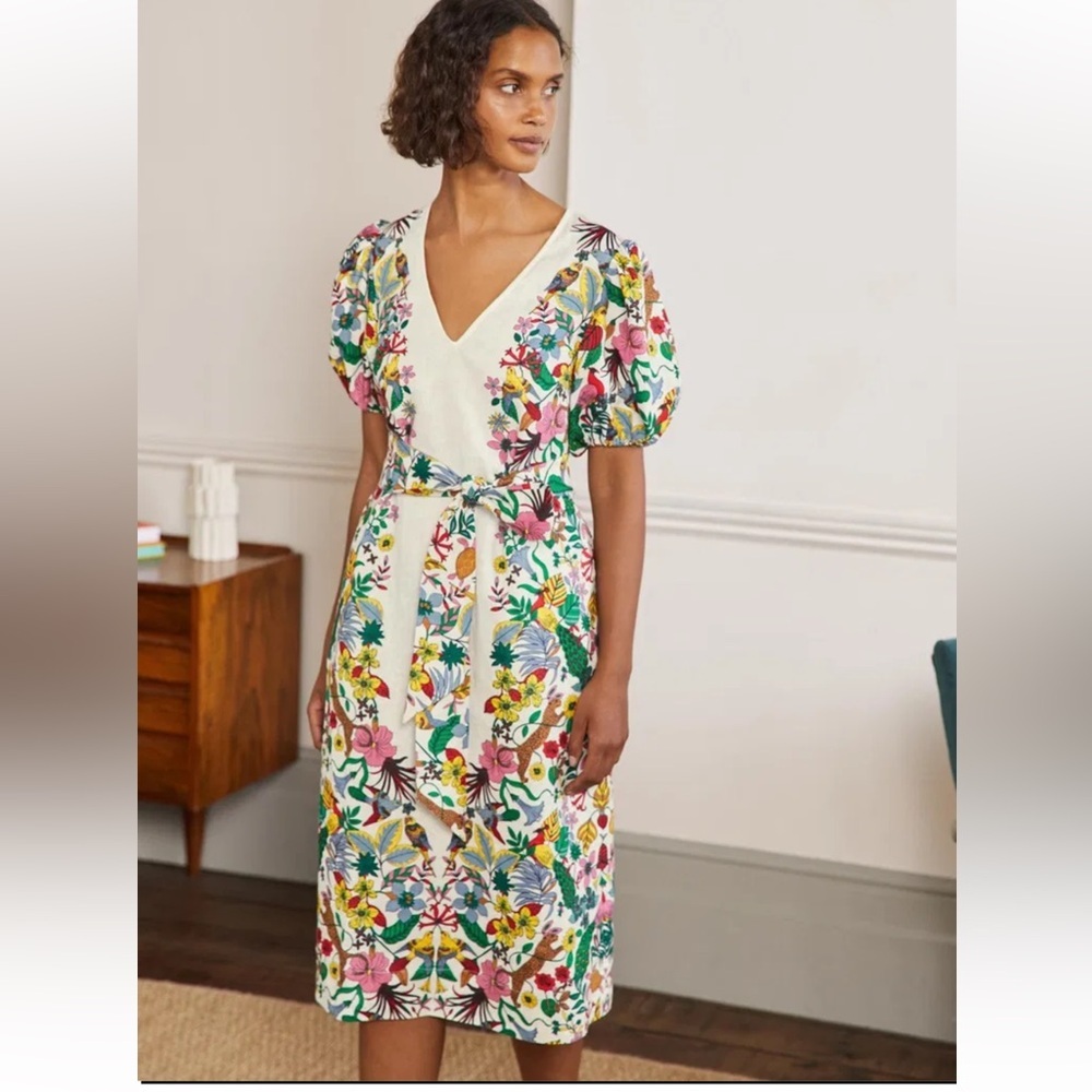 BODEN Puff Sleeve Linen Midi Dress Ivory, Exotic Paradise